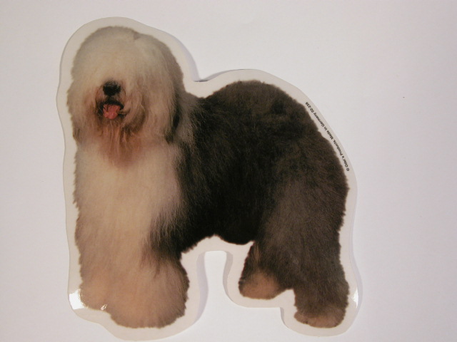 5: Old English Sheepdog, st. Vælg: klistermærke, nøglering, broche, slipsenål, mm