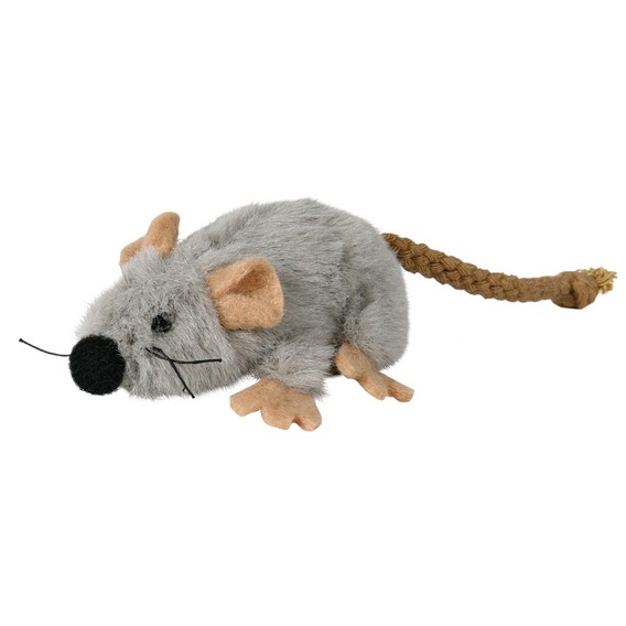 Grå Plys-mus med reb-hale. Med catnip. Måler ca. 7 cm.