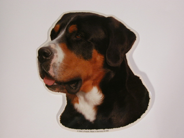Gr. Schweizer Sennenhund. Vælg: klistermærke, nøglering, broche, slipsenål, mm