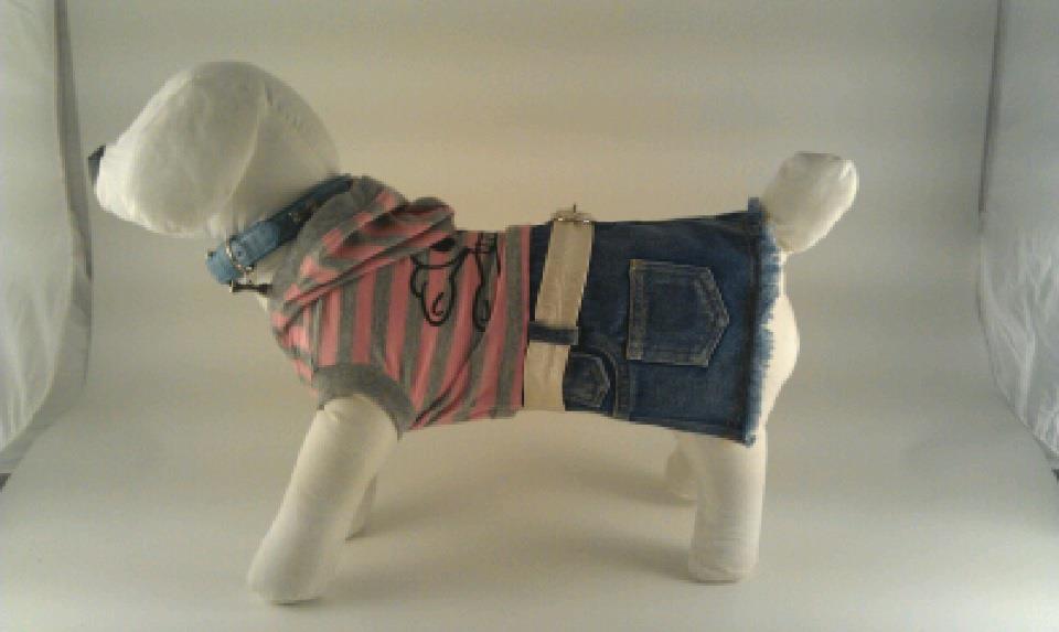Billede af DoggyDolly kjole Pink/grå stribet med blå denim underdel.