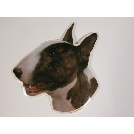 Bull Terrier, sort/hvid, hv. Vælg: klistermærke, nøglering, broche, slipsenål, mm.