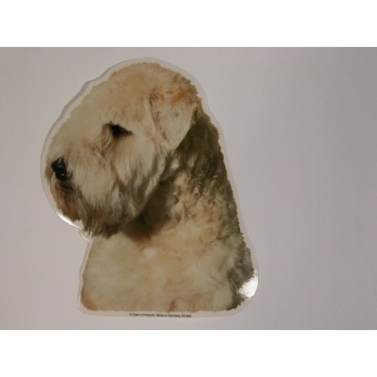 Irish Softcoated Wheaten Terrier, hv. Vælg: klistermærke, nøglering, broche, slipsenål, mm