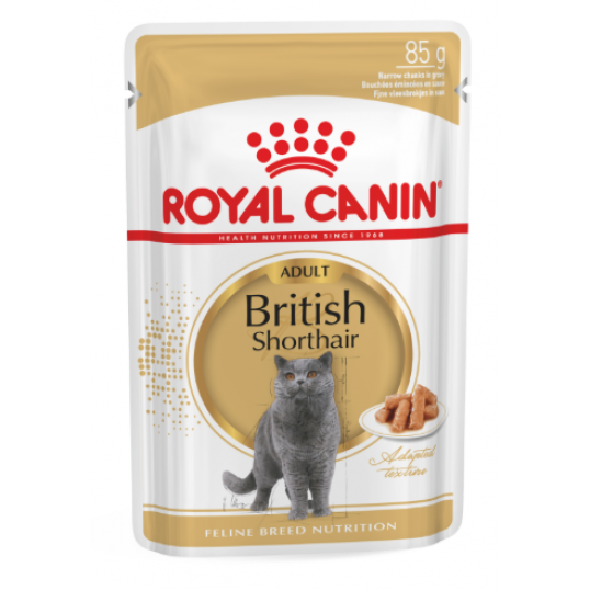 Royal Canin British Shorthair Gravy. Tynde bidder i sovs. Vådfoder. Til katte over 1 år. 12 ps. á 85 g.