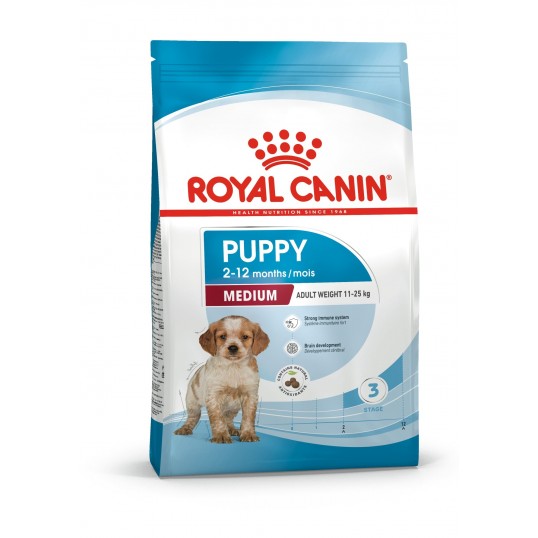 Royal Canin Medium Puppy. Fra 2 til 12 måneder. Voksenvægt 11-25 kg. hund.