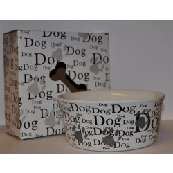 "Dog" keramik skål i hvid keramik med skrift og potetryk